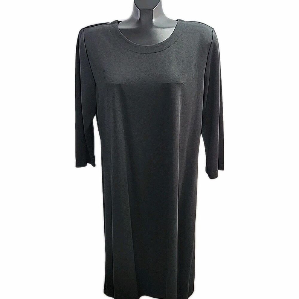Susan Graver Dress Ponte Knit Swing Women Sz Large Black 3/4 Sleeve Midi A92766
